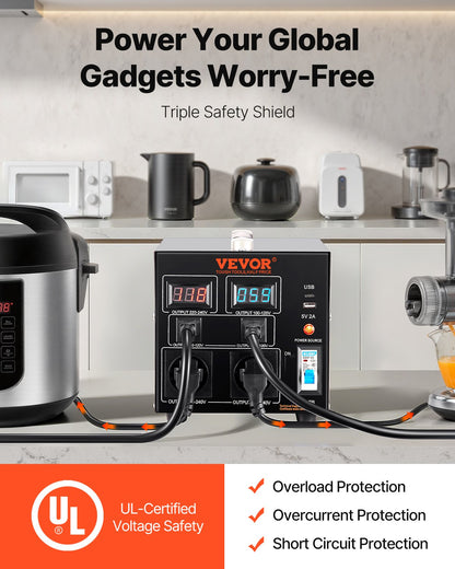 Voltage Converter Transformer, 2000VA, Heavy Duty Step Up/Down Transformer, Convert from 110 Volt to 220 Volt and from 220 Volt to 110 Volt, with US Outlet EU Outlet 5V USB Port, CE Certified