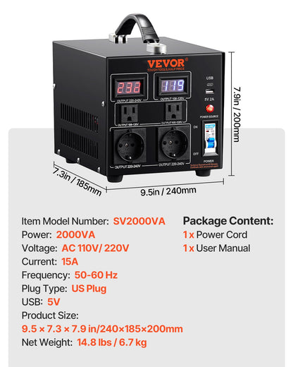 Voltage Converter Transformer, 2000VA, Heavy Duty Step Up/Down Transformer, Convert from 110 Volt to 220 Volt and from 220 Volt to 110 Volt, with US Outlet EU Outlet 5V USB Port, CE Certified