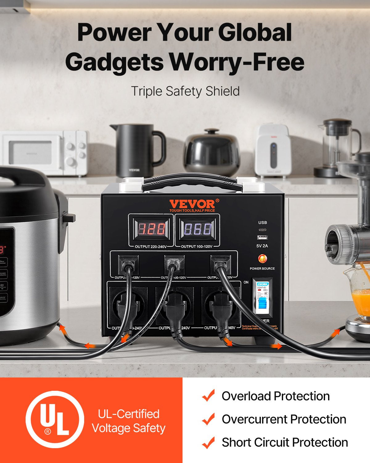 Spannungswandler-Transformator, 3000 VA, Hochleistungs-Auf-/Abwärtstransformator, wandelt von 110 V auf 220 V und von 220 V auf 110 V um, mit US- und EU-Steckdose, 5-V-USB-Anschluss, CE-zertifiziert