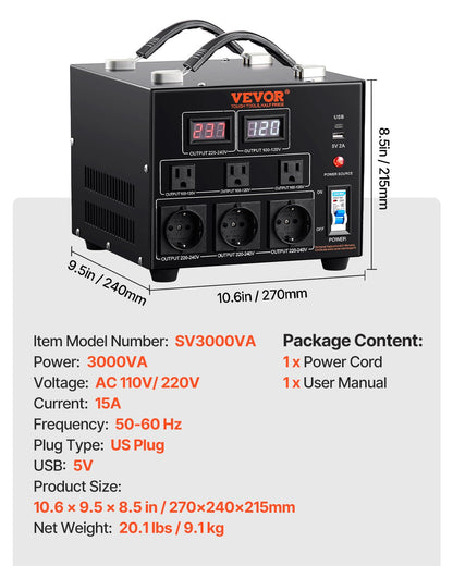 Spannungswandler-Transformator, 3000 VA, Hochleistungs-Auf-/Abwärtstransformator, wandelt von 110 V auf 220 V und von 220 V auf 110 V um, mit US- und EU-Steckdose, 5-V-USB-Anschluss, CE-zertifiziert