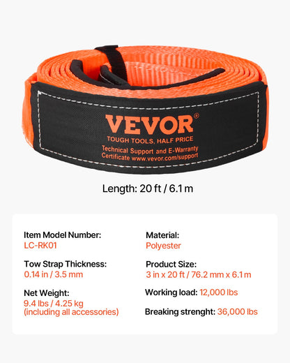 Hochleistungs-Abschleppgurt-Set 76,2 mm x 6,1 m (MBS-16329 kg) mit Baumschutzseil, dreifach verstärkter Schlaufe, Schutzhülle und Aufbewahrungstasche, 19-mm-D-Ring-Schäkeln, für LKW, Jeep, SUV und ATV