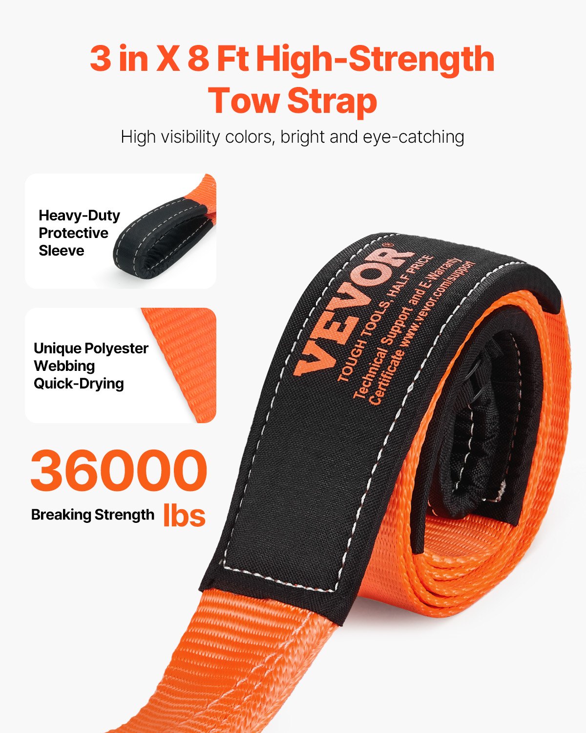 Recovery Tow Strap 76.2 mm, 2.4 m 16329 kg Break Strength, Triple Reinforced Loop Straps, Tree Saver, Winch Line Extension Strap, Off Road Towing and Recovery, Extreme Weather Resistance