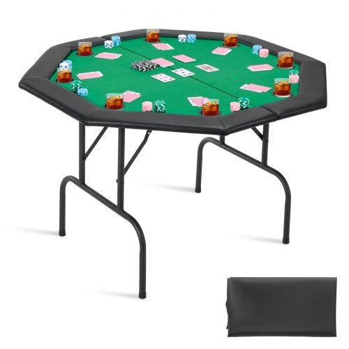 Foldable Poker Table, 8 Player 1220 mm Folding Casino Leisure Table with Padded Rails & Cup Holders, Octagonal Portable Game Tables with Felt & Metal Legs, for Texas Hold'em Game and Blackjack