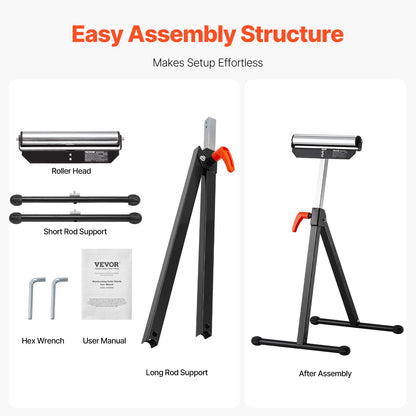 2er-Pack Rollenständer, Tragkraft 61 kg, höhenverstellbar von 68–108 cm, robustes, klappbares Design mit 29 cm großem, poliertem Stahlrollenkopf, zur Verlängerung des Auslaufs von Tischkreissägen in der Holzbearbeitung.