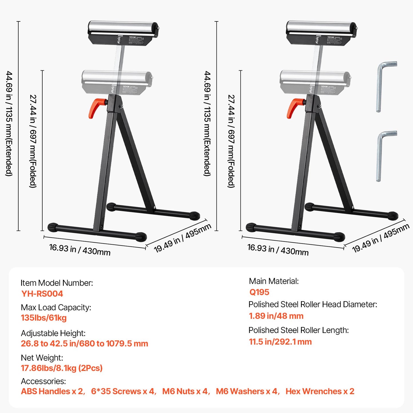 2er-Pack Rollenständer, Tragkraft 61 kg, höhenverstellbar von 68–108 cm, robustes, klappbares Design mit 29 cm großem, poliertem Stahlrollenkopf, zur Verlängerung des Auslaufs von Tischkreissägen in der Holzbearbeitung.