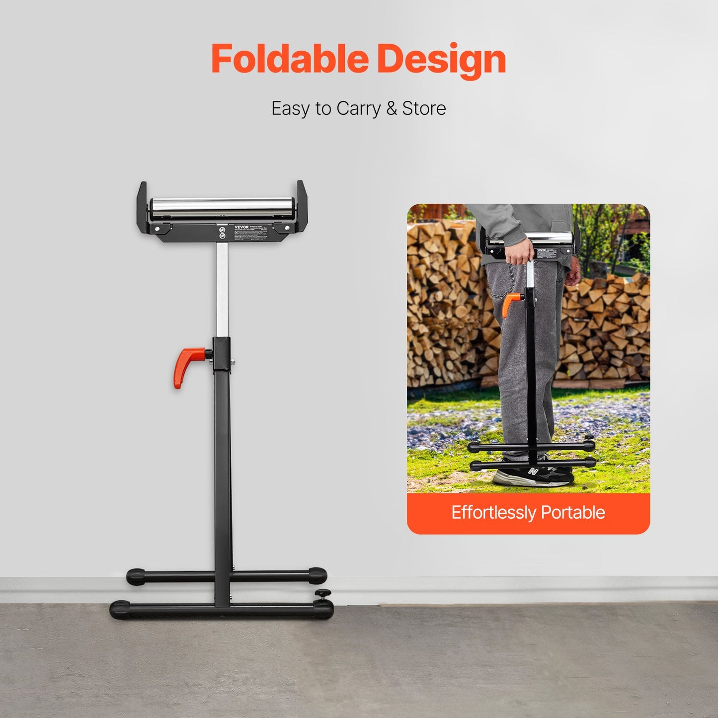 2er-Pack Rollenständer, Tragkraft 113 kg, höhenverstellbar von 686 mm bis 1092 mm, klappbar, robust, mit poliertem Stahlrollenkopf und Kantenführungen, für die Auslaufverlängerung von Tischkreissägen in der Holzbearbeitung.