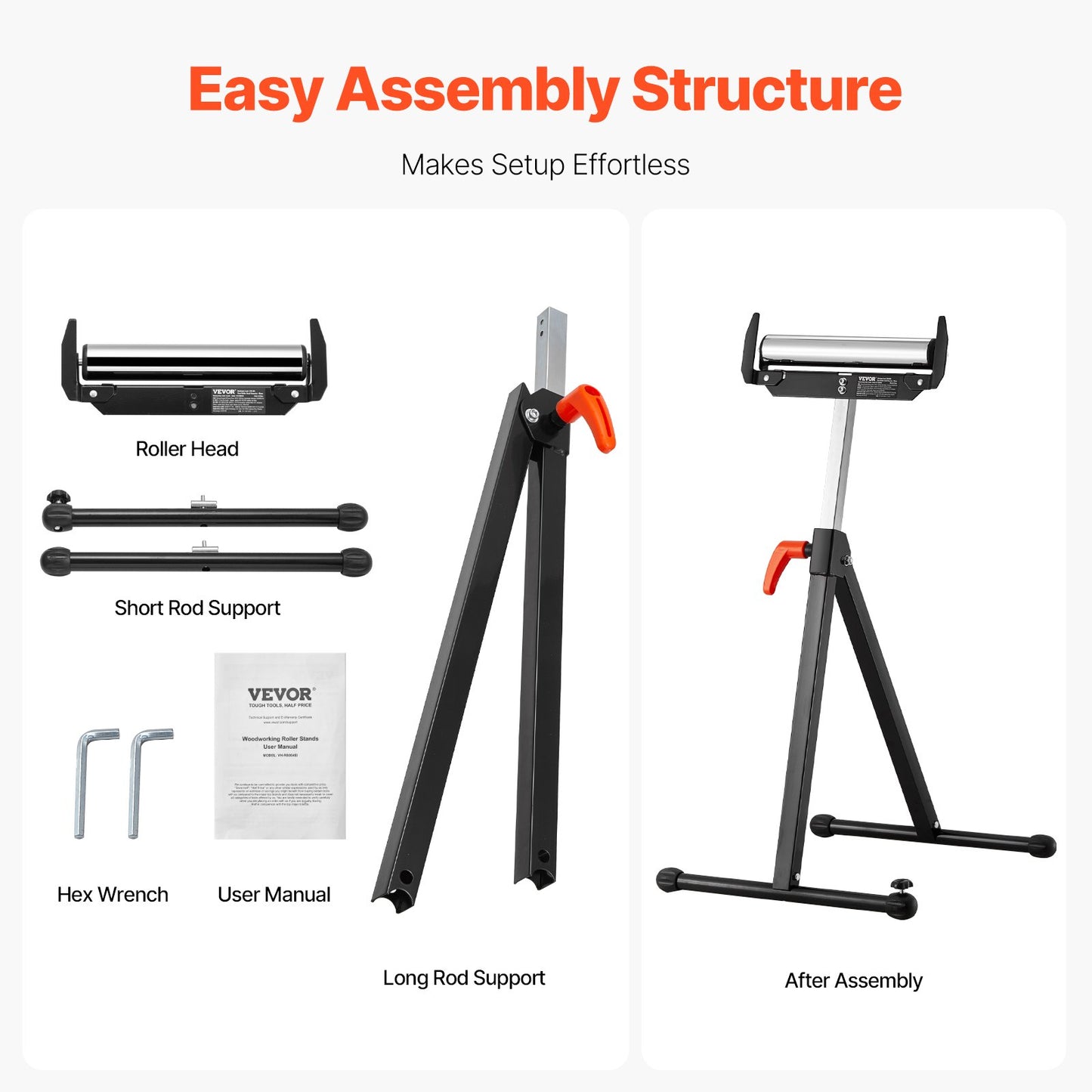 2er-Pack Rollenständer, Tragkraft 113 kg, höhenverstellbar von 686 mm bis 1092 mm, klappbar, robust, mit poliertem Stahlrollenkopf und Kantenführungen, für die Auslaufverlängerung von Tischkreissägen in der Holzbearbeitung.
