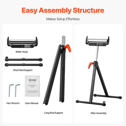 2er-Pack Rollenständer, Tragkraft 113 kg, höhenverstellbar von 686 mm bis 1092 mm, klappbar, robust, mit poliertem Stahlrollenkopf und Kantenführungen, für die Auslaufverlängerung von Tischkreissägen in der Holzbearbeitung.