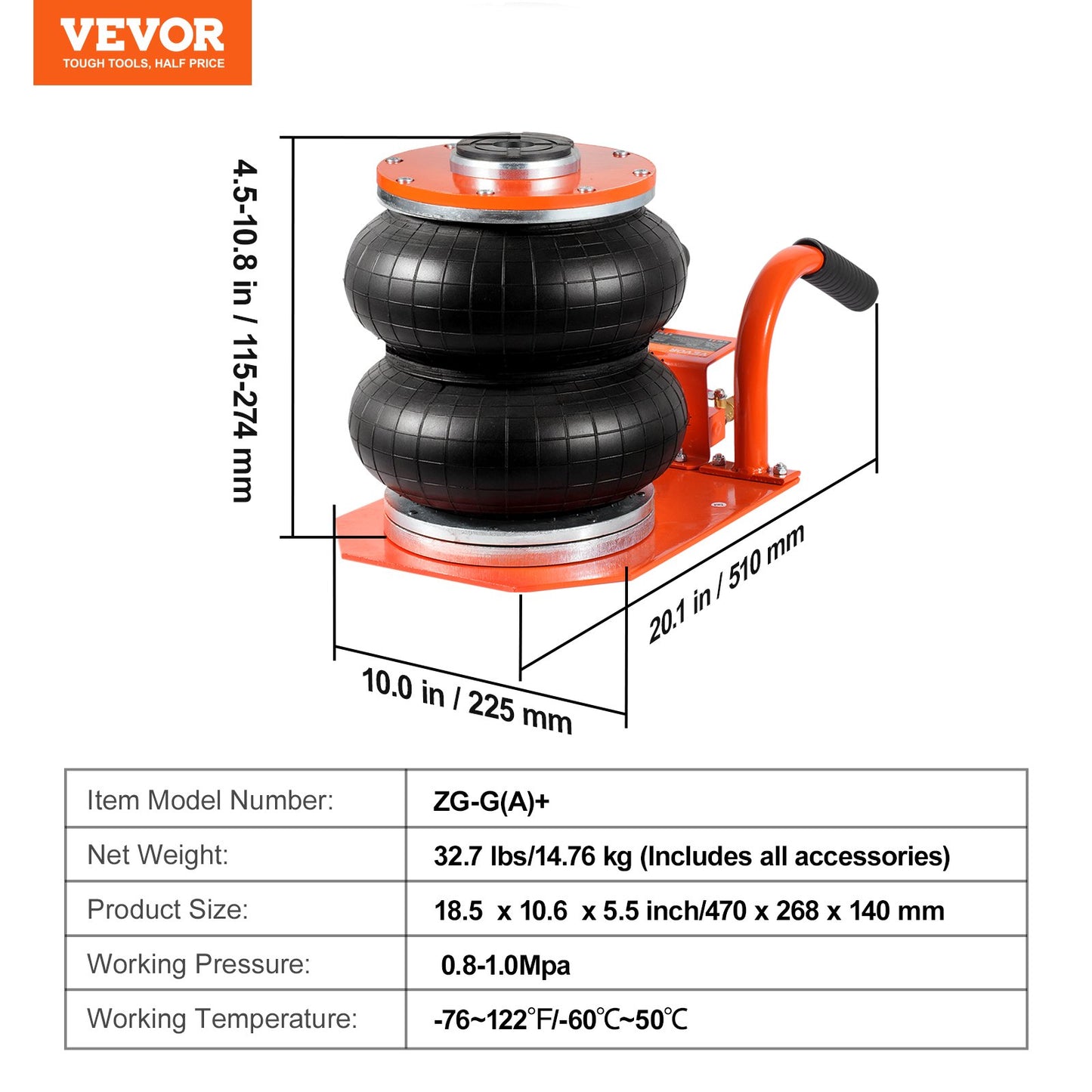 Air Jack 3 Ton/2993.7 kg Pneumatic Jack with Heightened Column for Sedan