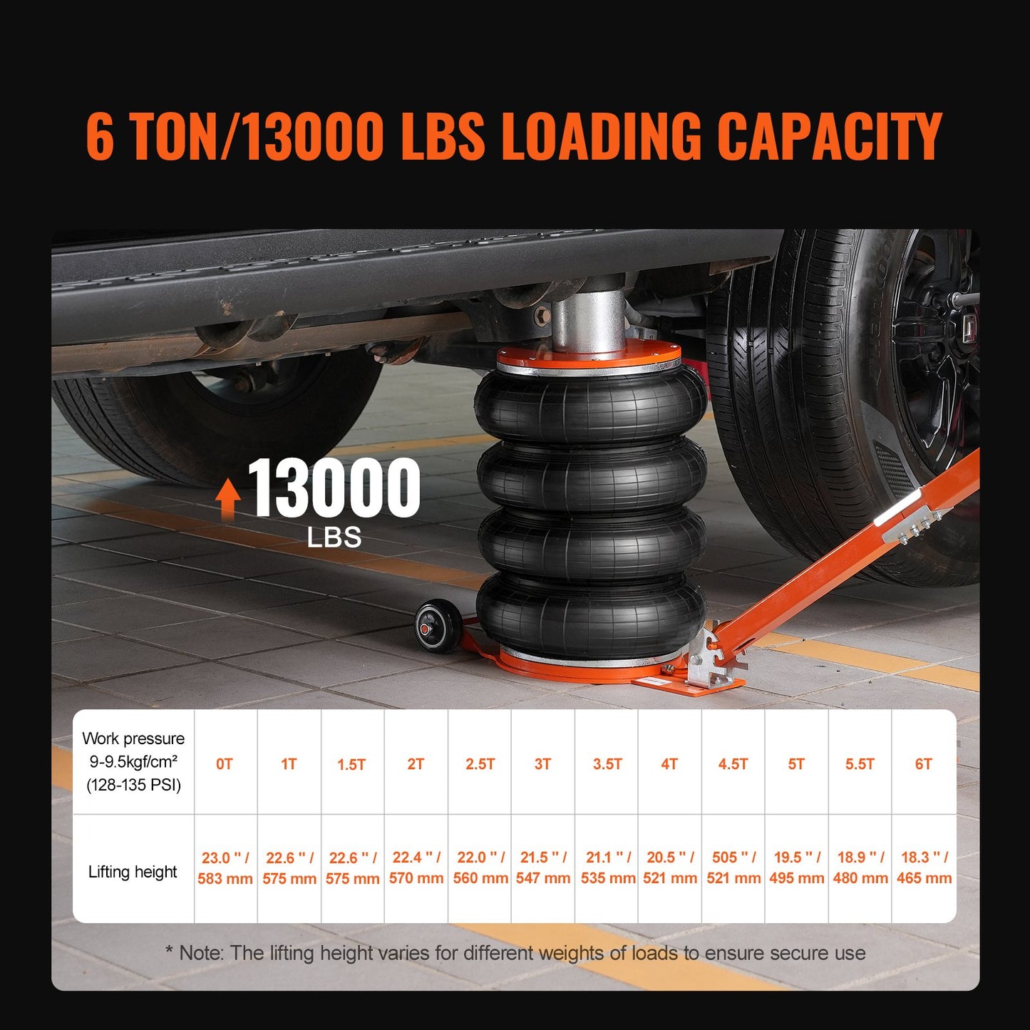 Luftheber, 6 Tonnen/13.000 lbs, 2-5 S pneumatischer Hebewagenheber mit erhöhter Säule und verstellbarem Griff, leicht zu handhabender und platzsparender Wagenheber mit dicker Gummiauflage, geeignet für Limousinen, SUVs und Pickups