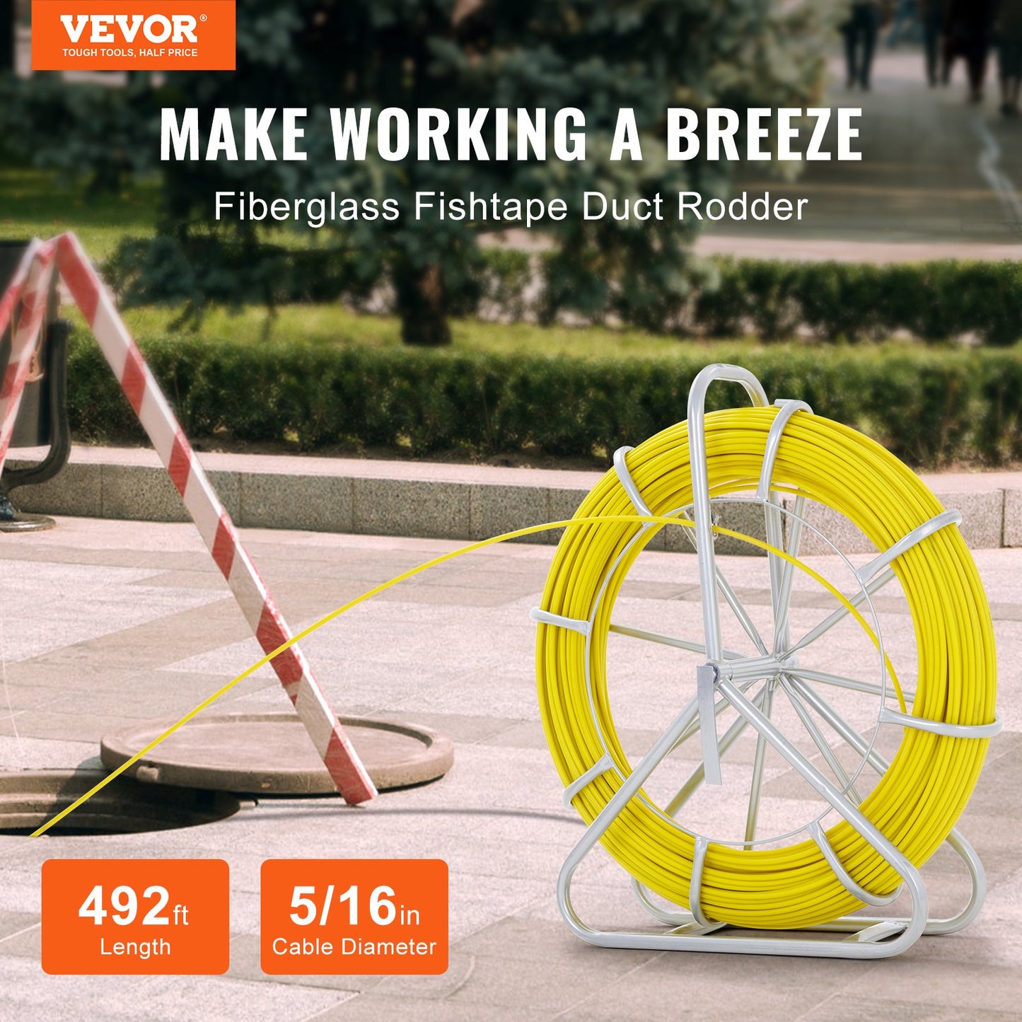 Fish Tape Fiberglass, 150.3 m, 8.0 mm, Duct Rodder Fishtape Wire Puller, Cable Running Rod with Steel Reel Stand, 3 Pulling Heads, Fishing Tools for Walls and Electrical Conduit, Non-Conductive