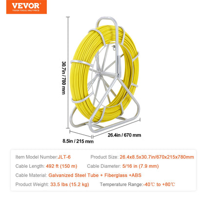 Fish Tape Fiberglass, 150.3 m, 8.0 mm, Duct Rodder Fishtape Wire Puller, Cable Running Rod with Steel Reel Stand, 3 Pulling Heads, Fishing Tools for Walls and Electrical Conduit, Non-Conductive