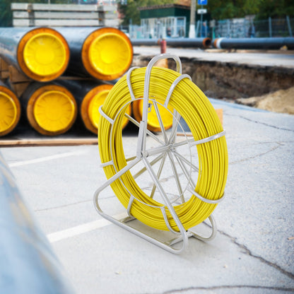 Fish Tape Fiberglass, 150.3 m, 8.0 mm, Duct Rodder Fishtape Wire Puller, Cable Running Rod with Steel Reel Stand, 3 Pulling Heads, Fishing Tools for Walls and Electrical Conduit, Non-Conductive