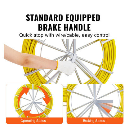 Fish Tape Fiberglass, 183 m, 0.8 cm, Duct Rodder Fishtape Wire Puller, Cable Running Rod with Steel Reel Stand, 3 Pulling Heads, Fishing Tools for Walls and Electrical Conduit, Non-Conductive