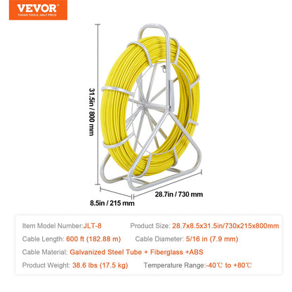 Fish Tape Fiberglass, 183 m, 0.8 cm, Duct Rodder Fishtape Wire Puller, Cable Running Rod with Steel Reel Stand, 3 Pulling Heads, Fishing Tools for Walls and Electrical Conduit, Non-Conductive