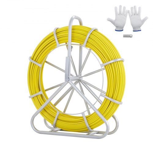 Fish Tape Fiberglass, 129.5 m, 6.4 mm, Duct Rodder Fishtape Wire Puller, Cable Running Rod with Steel Reel Stand, 3 Pulling Heads, Fishing Tools for Walls and Electrical Conduit, Non-Conductive