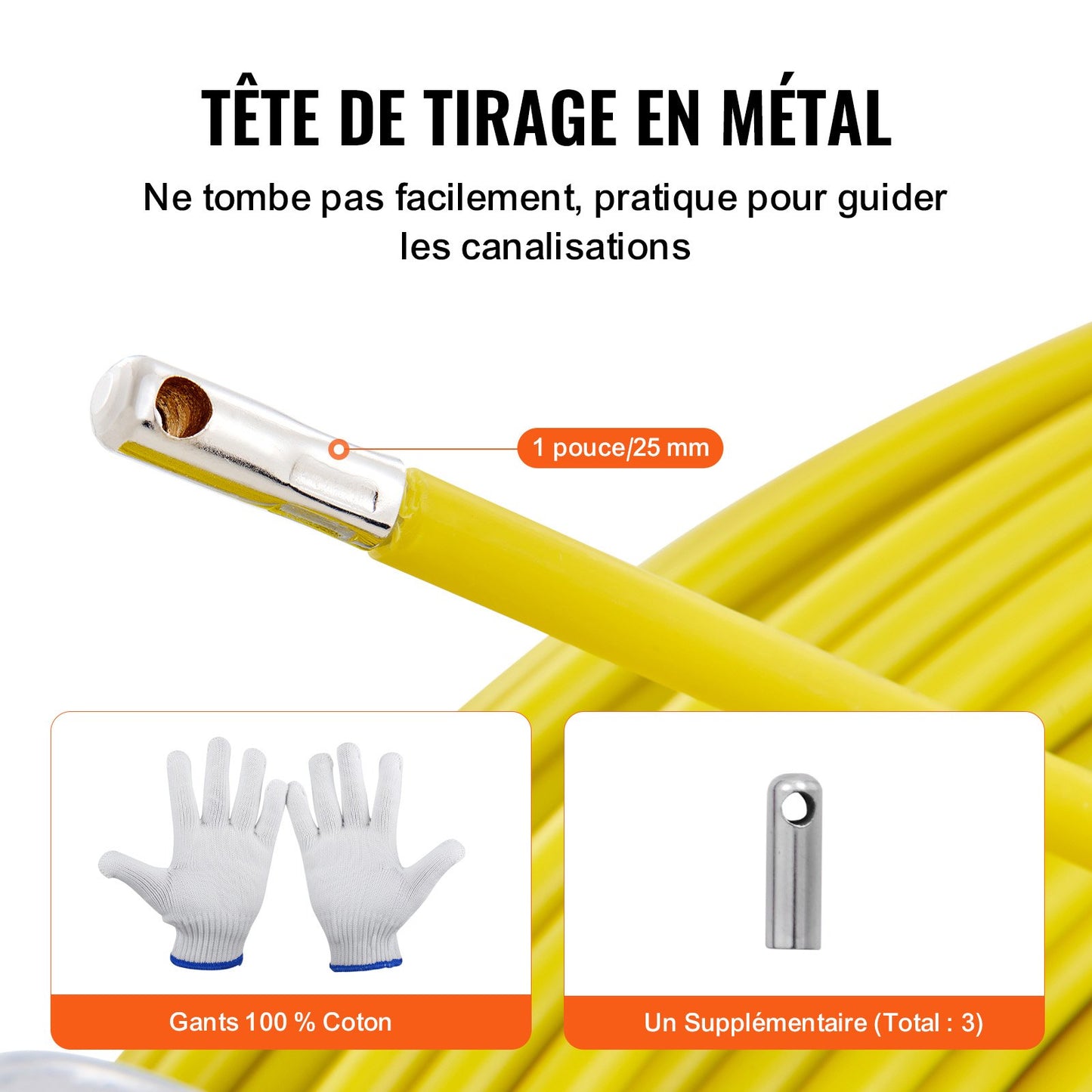 Fish Tape Fiberglass, 129.5 m, 6.4 mm, Duct Rodder Fishtape Wire Puller, Cable Running Rod with Steel Reel Stand, 3 Pulling Heads, Fishing Tools for Walls and Electrical Conduit, Non-Conductive