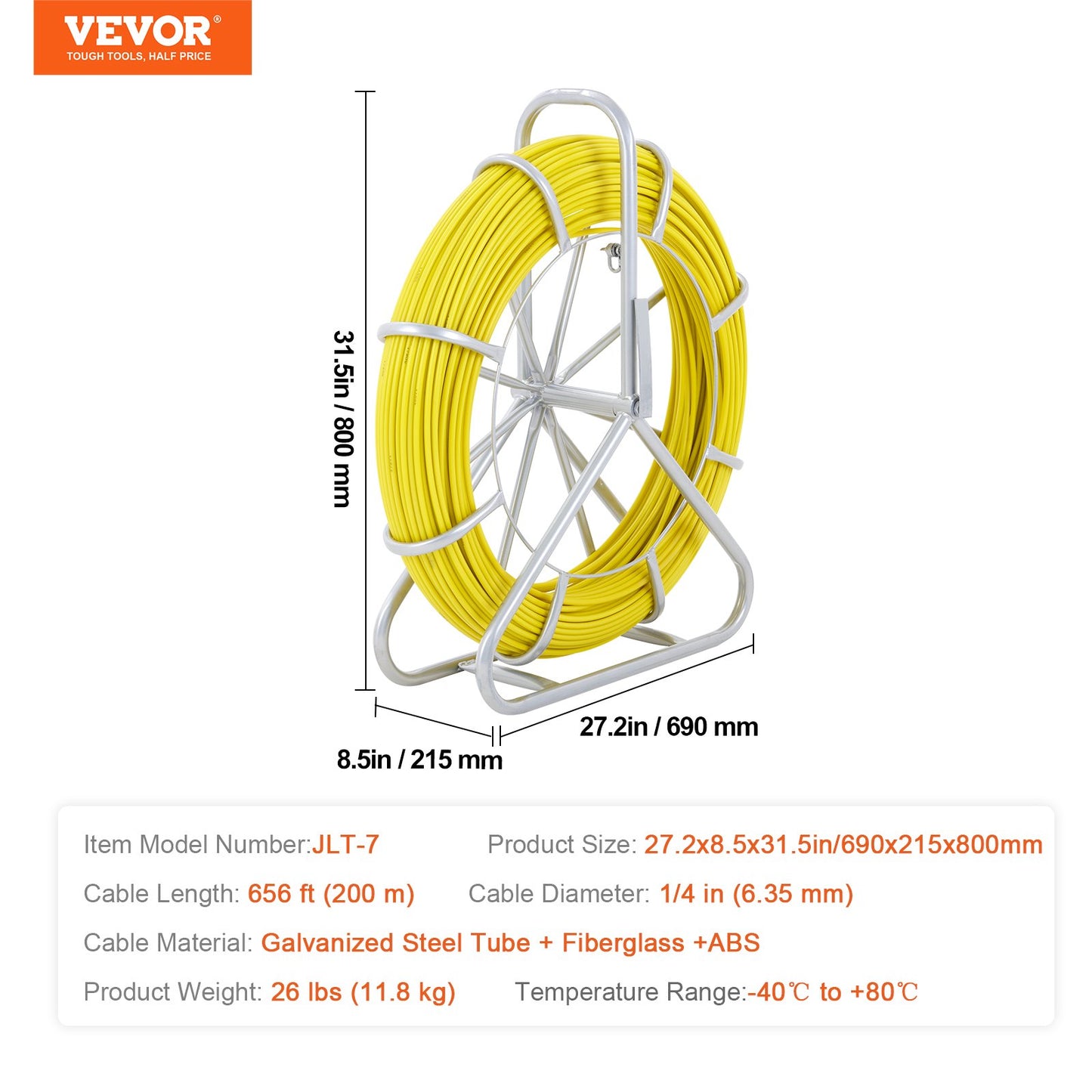 Fish Tape Fiberglass, 200 m, 6.35 mm, Duct Rodder Fishtape Wire Puller, Cable Running Rod with Steel Reel Stand, 3 Pulling Heads, Fishing Tools for Walls and Electrical Conduit, Non-Conductive