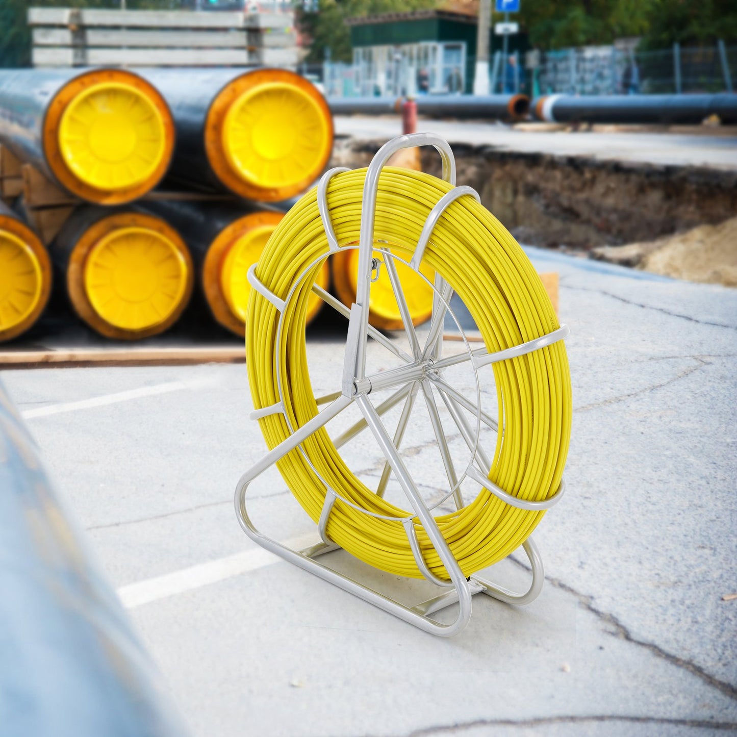 Fish Tape Fiberglass, 200 m, 6.35 mm, Duct Rodder Fishtape Wire Puller, Cable Running Rod with Steel Reel Stand, 3 Pulling Heads, Fishing Tools for Walls and Electrical Conduit, Non-Conductive