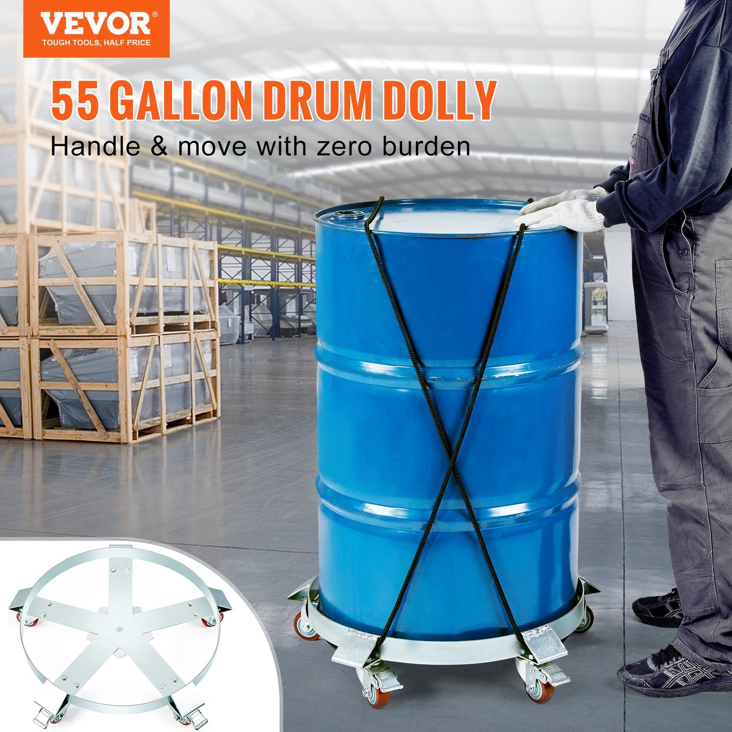 208.2 L Heavy Duty Drum Dolly, 567 kg Load Capacity, Barrel Dolly Cart Drum Caddy, Non Tipping Hand Truck Capacity Dollies with Steel Frame 5 Swivel Casters Wheel, for Warehouse Drum Handling