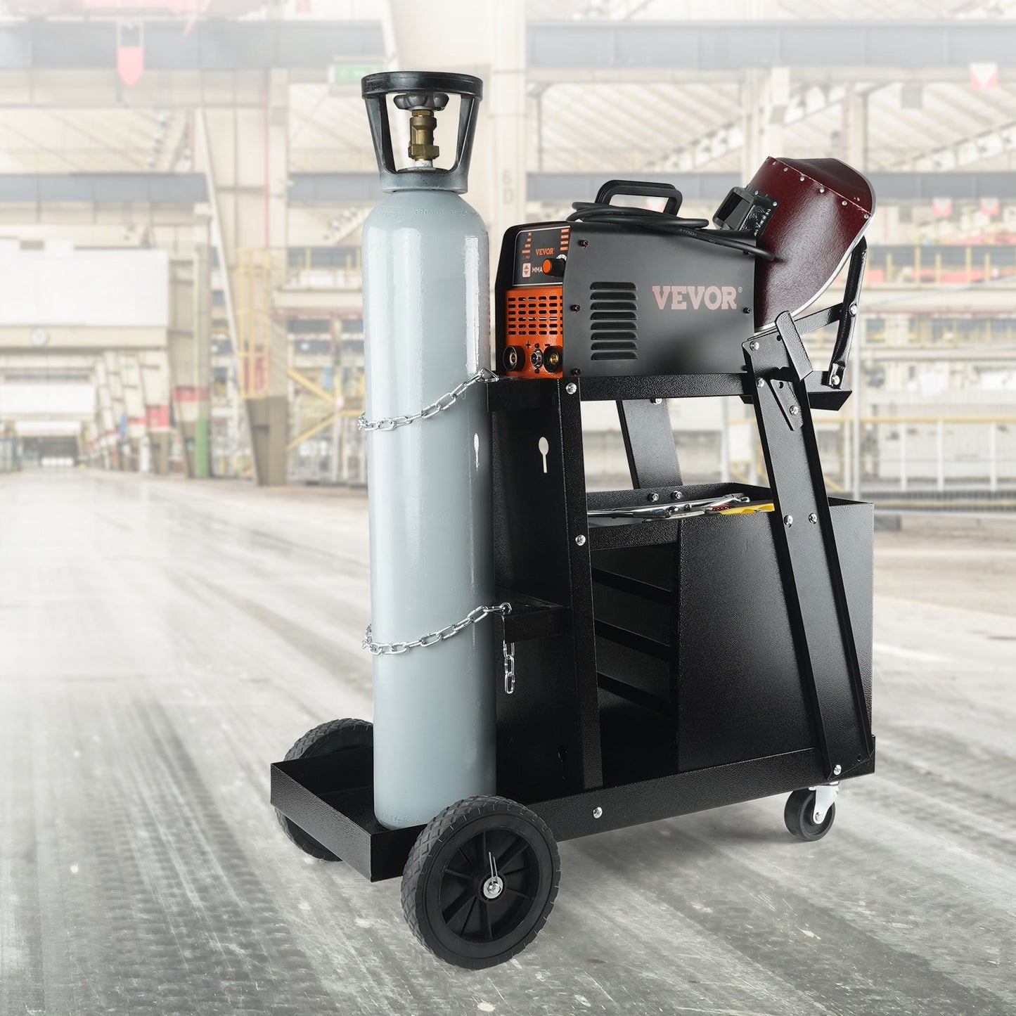 Welding Cart, 2-Tier 4 Drawers Welder Cart with 120.2 kg Weight Capacity, 360° Swivel Wheels, Tank Storage Safety Chains, Heavy Duty Rolling MIG Welder Cart for Mig Welder and Plasma Cutter