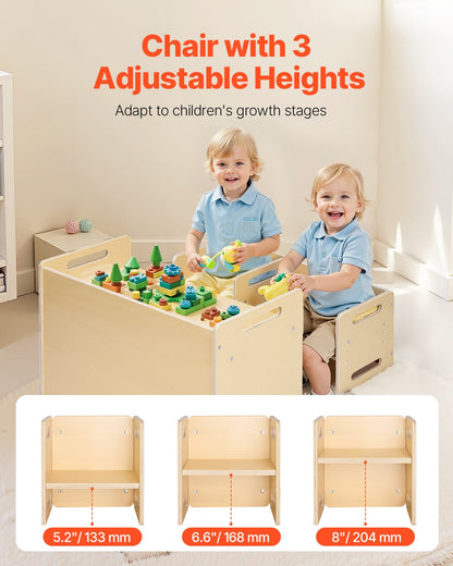 Montessori-Tisch- und Stuhlset für Kleinkinder, Kindertisch- und Stuhlset aus Holz mit 2 Stühlen, höhenverstellbarer Montessori-Stuhl und Aktivitätstisch, ideal zum Lesen, Essen und Spielen – Naturholz