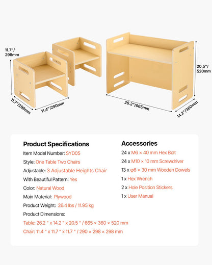 Montessori-Tisch- und Stuhlset für Kleinkinder, Kindertisch- und Stuhlset aus Holz mit 2 Stühlen, höhenverstellbarer Montessori-Stuhl und Aktivitätstisch, ideal zum Lesen, Essen und Spielen – Naturholz