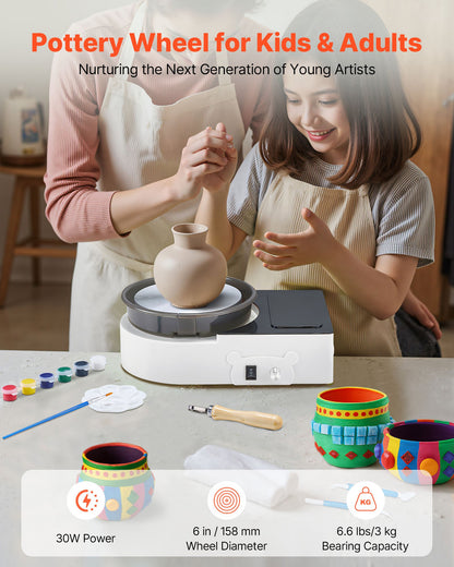Mini-Töpferscheibe, 158 mm Drehteller, Vorwärts- und Rückwärtslauf, einstellbare Geschwindigkeit, elektrische Töpferscheibe für Kinder und Erwachsene, mit Tonformwerkzeugen, für Heimwerkerprojekte und Töpferkurse, Weiß