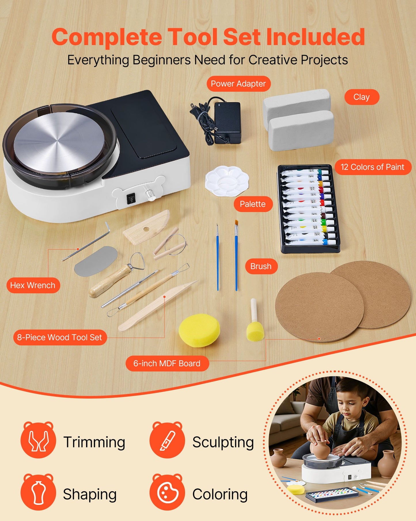 Mini-Töpferscheibe, 158 mm Drehteller, Vorwärts- und Rückwärtslauf, einstellbare Geschwindigkeit, elektrische Töpferscheibe für Kinder und Erwachsene, mit Tonformwerkzeugen, für Heimwerkerprojekte und Töpferkurse, Weiß