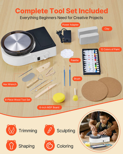 Mini-Töpferscheibe, 158 mm Drehteller, Vorwärts- und Rückwärtslauf, einstellbare Geschwindigkeit, elektrische Töpferscheibe für Kinder und Erwachsene, mit Tonformwerkzeugen, für Heimwerkerprojekte und Töpferkurse, Weiß