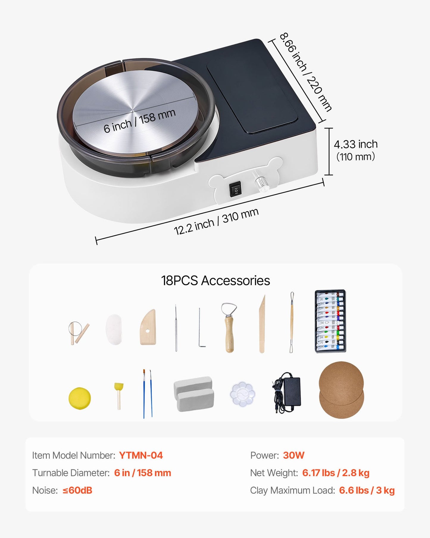 Mini-Töpferscheibe, 158 mm Drehteller, Vorwärts- und Rückwärtslauf, einstellbare Geschwindigkeit, elektrische Töpferscheibe für Kinder und Erwachsene, mit Tonformwerkzeugen, für Heimwerkerprojekte und Töpferkurse, Weiß