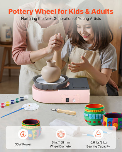Mini Pottery Wheel, 158 mm Turntable, Forward and Reverse Rotation, Adjustable Speed, Electric Clay Wheel for Kids and Adults, with Clay Shaping Tools, for Home DIY, Pottery Classes, Pink