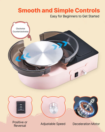 Mini Pottery Wheel, 158 mm Turntable, Forward and Reverse Rotation, Adjustable Speed, Electric Clay Wheel for Kids and Adults, with Clay Shaping Tools, for Home DIY, Pottery Classes, Pink