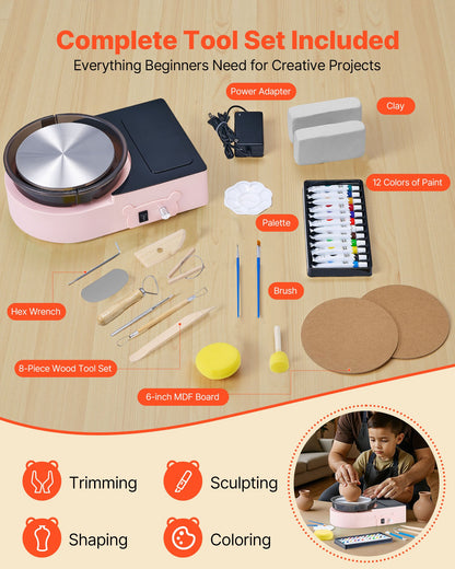 Mini Pottery Wheel, 158 mm Turntable, Forward and Reverse Rotation, Adjustable Speed, Electric Clay Wheel for Kids and Adults, with Clay Shaping Tools, for Home DIY, Pottery Classes, Pink