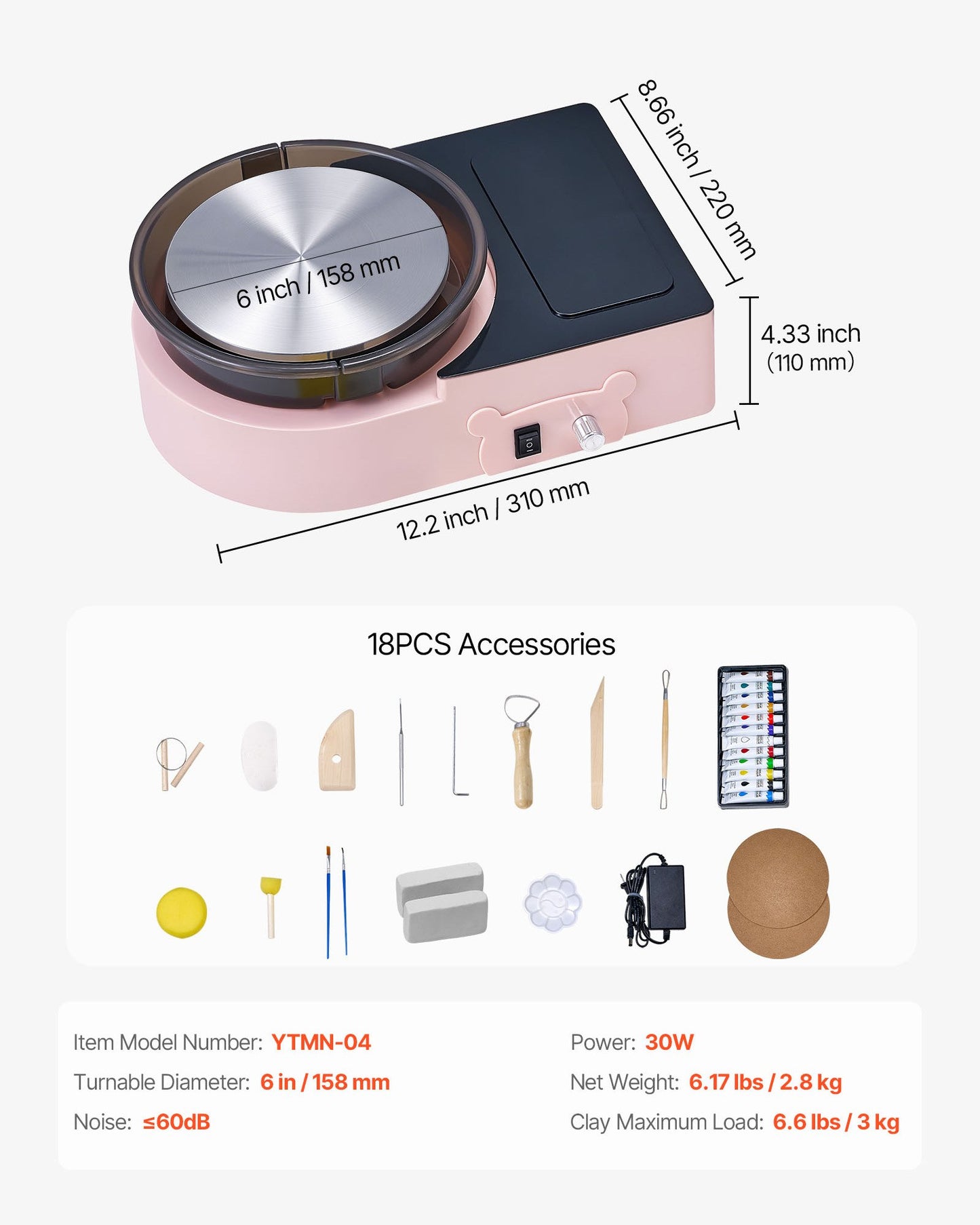 Mini Pottery Wheel, 158 mm Turntable, Forward and Reverse Rotation, Adjustable Speed, Electric Clay Wheel for Kids and Adults, with Clay Shaping Tools, for Home DIY, Pottery Classes, Pink