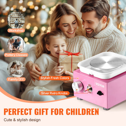 Mini-Töpferscheibe, Drehzahl einstellbar von 0–320 U/min, abnehmbare Formtrommel, 2,56 Zoll/3,94 Zoll Drehteller, elektrische Keramikscheibe, 18-teiliges Zubehör, für Kunsthandwerk und Heimwerken, Rosa