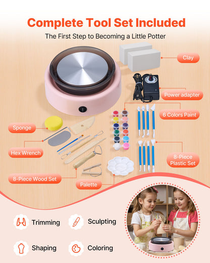 Mini-Töpferscheibe, 158 mm Drehteller, Vorwärts- und Rückwärtslauf, einstellbare Geschwindigkeit, elektrische Töpferscheibe für Kinder und Anfänger, mit Formwerkzeugen, für Heimwerkerprojekte und Töpferkurse, Rosa