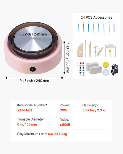 Mini-Töpferscheibe, 158 mm Drehteller, Vorwärts- und Rückwärtslauf, einstellbare Geschwindigkeit, elektrische Töpferscheibe für Kinder und Anfänger, mit Formwerkzeugen, für Heimwerkerprojekte und Töpferkurse, Rosa