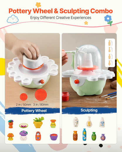 Mini-Töpferscheibe, 50-mm- und 80-mm-Drehteller, einstellbare Geschwindigkeit, elektrische Töpferscheibe für Kinder und Anfänger, komplettes Töpferset mit Tonmodellierwerkzeugen, Geschenk für Jungen und Mädchen, Grün