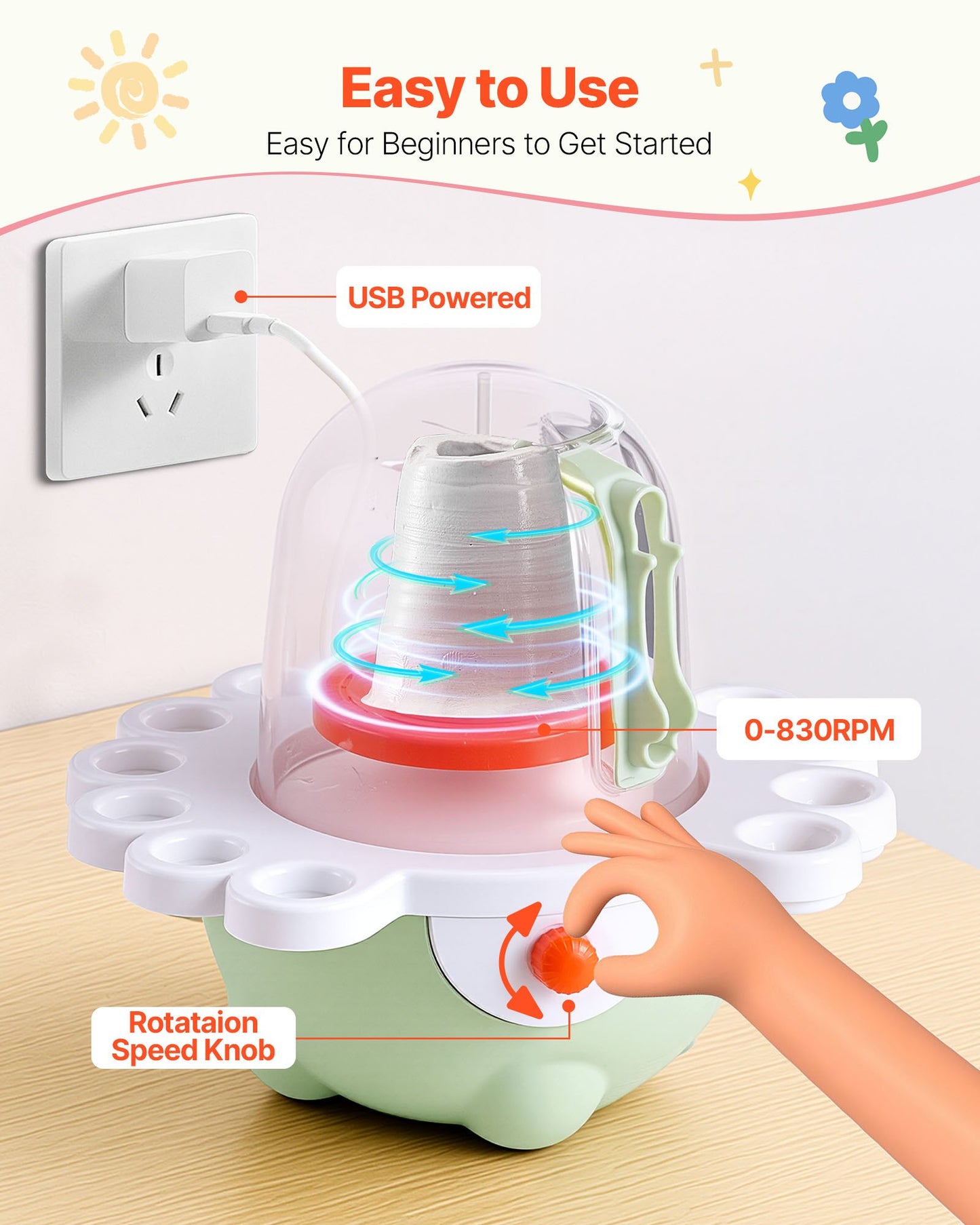 Mini-Töpferscheibe, 50-mm- und 80-mm-Drehteller, einstellbare Geschwindigkeit, elektrische Töpferscheibe für Kinder und Anfänger, komplettes Töpferset mit Tonmodellierwerkzeugen, Geschenk für Jungen und Mädchen, Grün