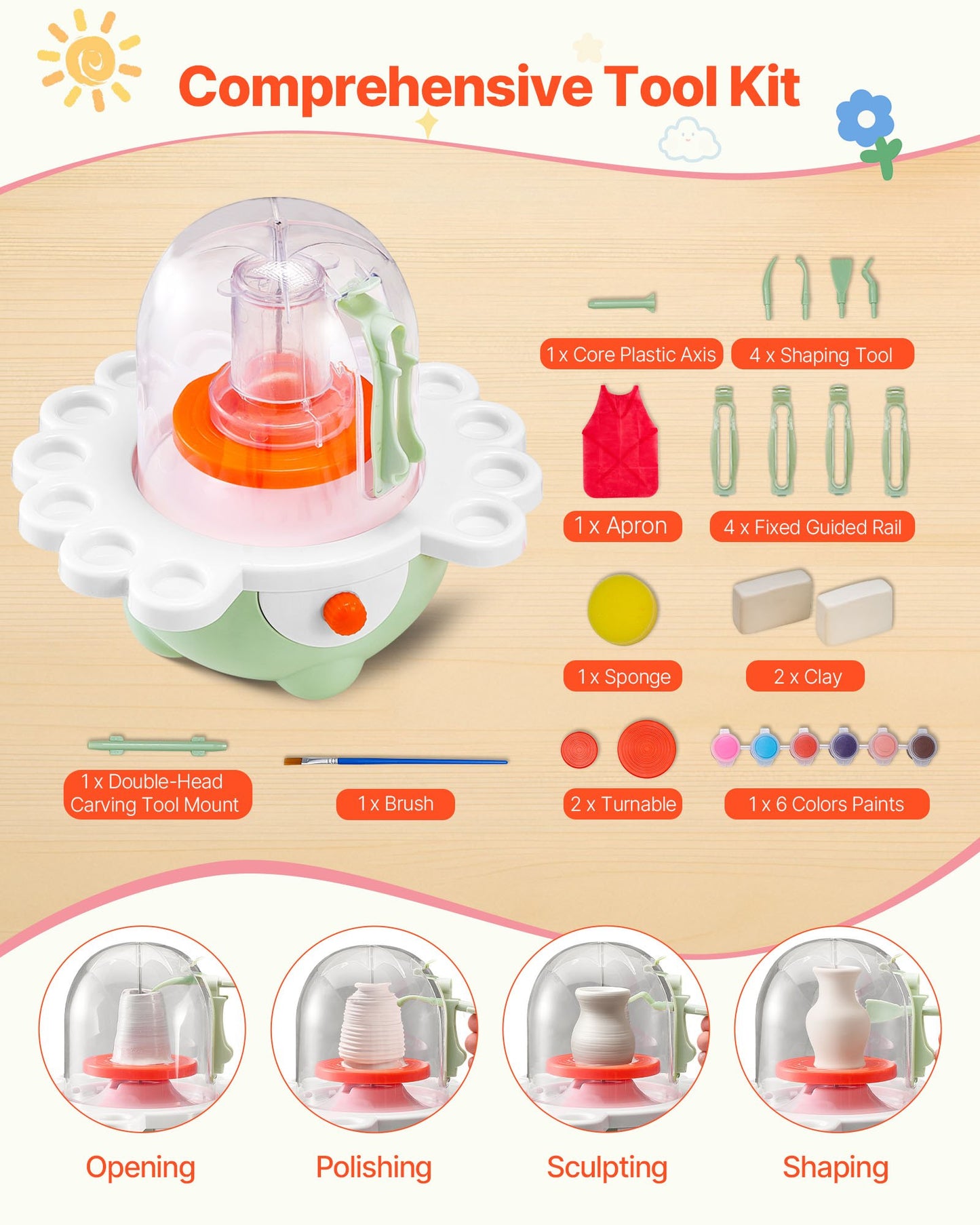 Mini-Töpferscheibe, 50-mm- und 80-mm-Drehteller, einstellbare Geschwindigkeit, elektrische Töpferscheibe für Kinder und Anfänger, komplettes Töpferset mit Tonmodellierwerkzeugen, Geschenk für Jungen und Mädchen, Grün
