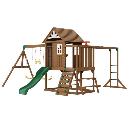 Holzschaukelset, 10-in-1-Spielplatzset für den Garten, 2 Schaukeln, Trapezstange, 1,8 m Rutsche, große Spielburg mit Küchenspielzeug, flache Trittleiter, Kletterwand, Picknicktisch, Sandkasten, Kletterleiter