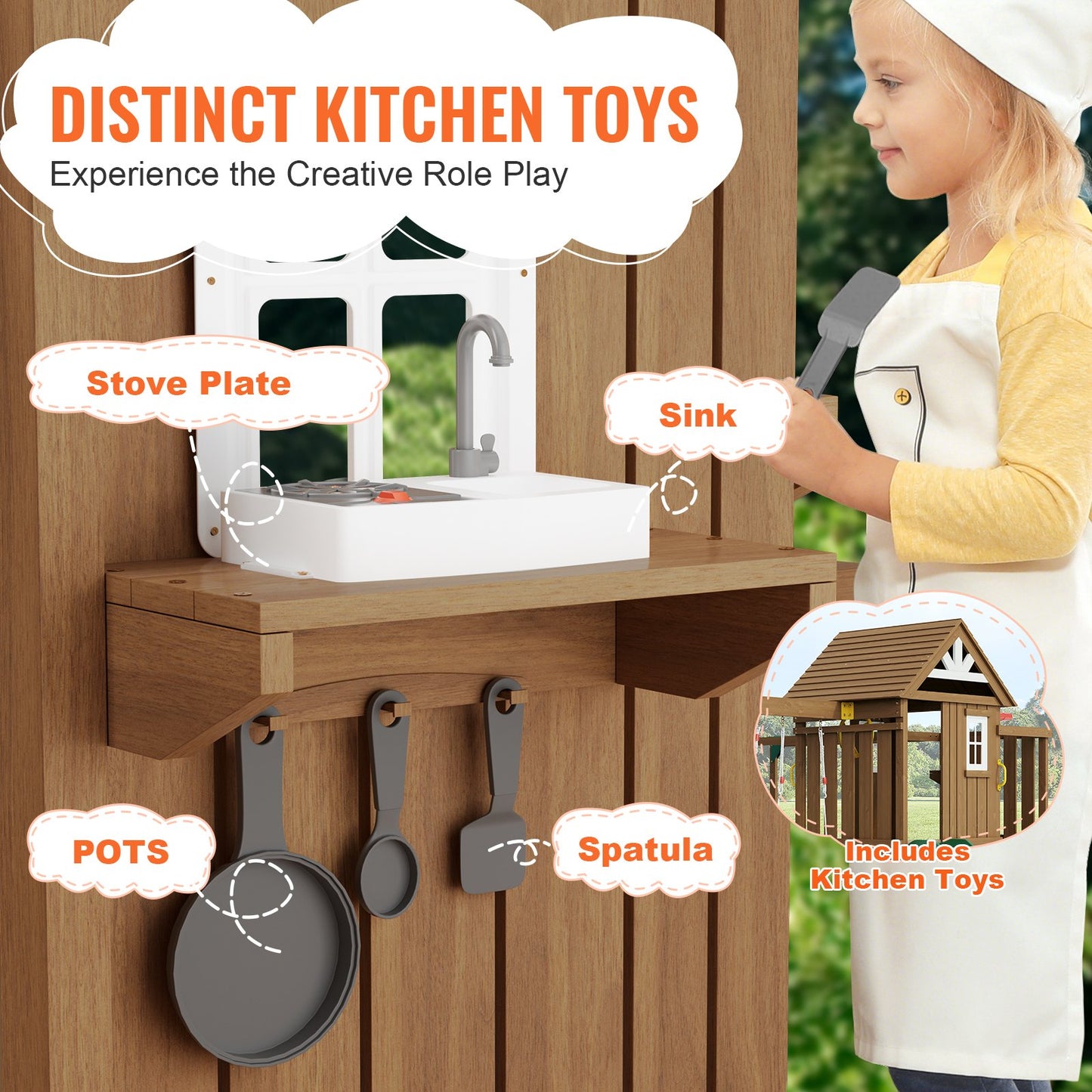 Holzschaukelset, 10-in-1-Spielplatzset für den Garten, 2 Schaukeln, Trapezstange, 1,8 m Rutsche, große Spielburg mit Küchenspielzeug, flache Trittleiter, Kletterwand, Picknicktisch, Sandkasten, Kletterleiter