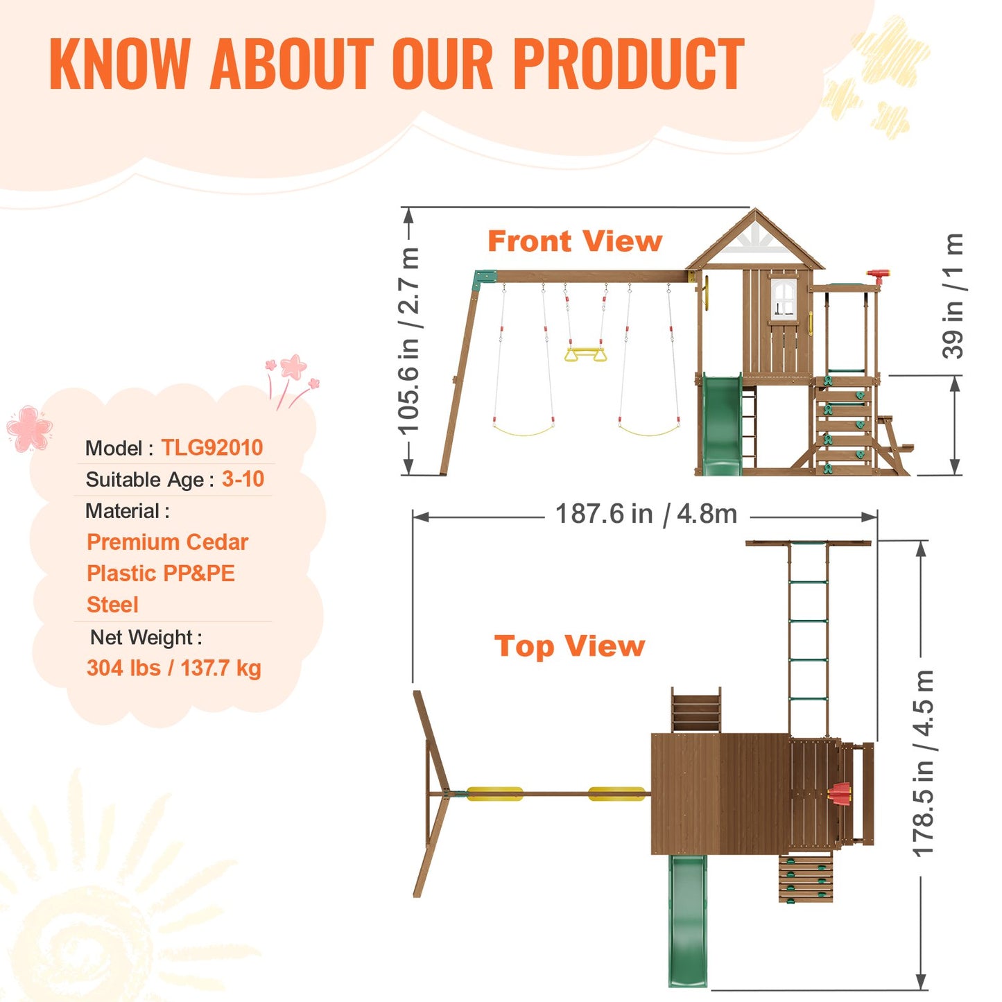 Holzschaukelset, 10-in-1-Spielplatzset für den Garten, 2 Schaukeln, Trapezstange, 1,8 m Rutsche, große Spielburg mit Küchenspielzeug, flache Trittleiter, Kletterwand, Picknicktisch, Sandkasten, Kletterleiter