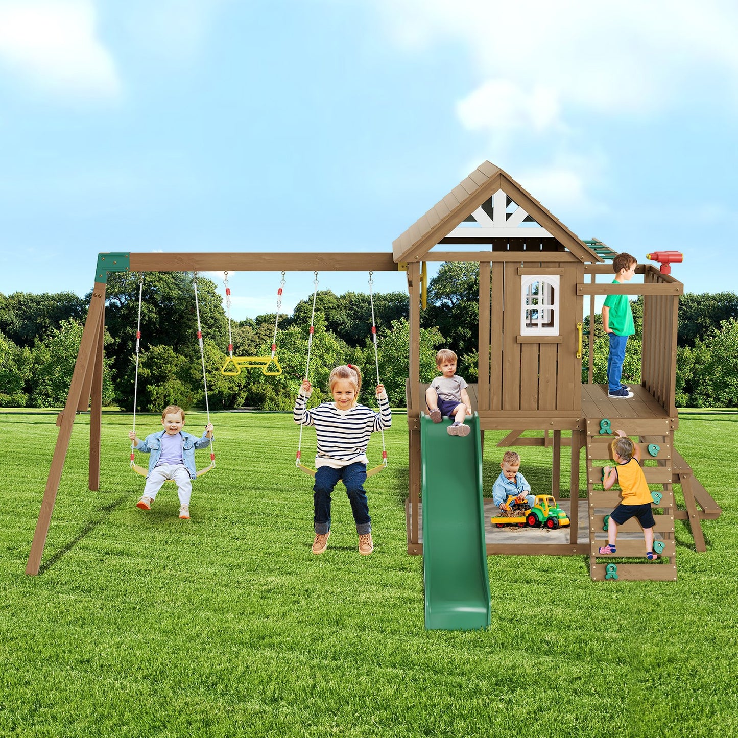 Holzschaukelset, 10-in-1-Spielplatzset für den Garten, 2 Schaukeln, Trapezstange, 1,8 m Rutsche, große Spielburg mit Küchenspielzeug, flache Trittleiter, Kletterwand, Picknicktisch, Sandkasten, Kletterleiter