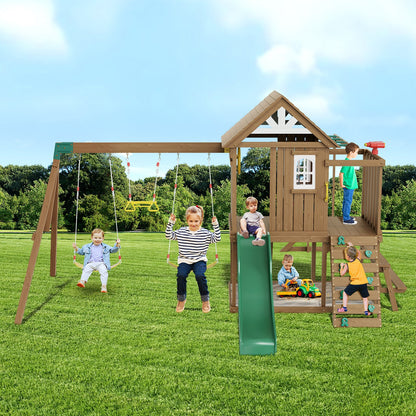 Holzschaukelset, 10-in-1-Spielplatzset für den Garten, 2 Schaukeln, Trapezstange, 1,8 m Rutsche, große Spielburg mit Küchenspielzeug, flache Trittleiter, Kletterwand, Picknicktisch, Sandkasten, Kletterleiter