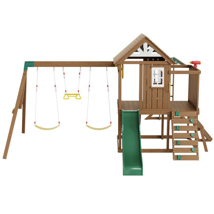 Holzschaukelset, 10-in-1-Spielplatzset für den Garten, 2 Schaukeln, Trapezstange, 1,8 m Rutsche, große Spielburg mit Küchenspielzeug, flache Trittleiter, Kletterwand, Picknicktisch, Sandkasten, Kletterleiter