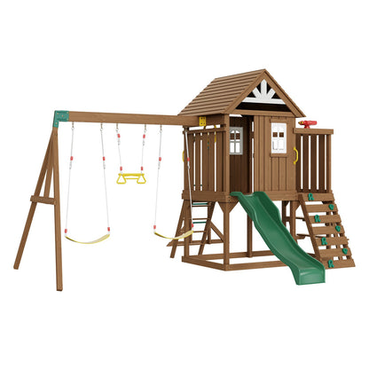 Holzschaukelset, 10-in-1-Spielplatzset für den Garten, 2 Schaukeln, Trapezstange, 1,8 m Rutsche, große Spielburg mit Küchenspielzeug, flache Trittleiter, Kletterwand, Picknicktisch, Sandkasten, Kletterleiter