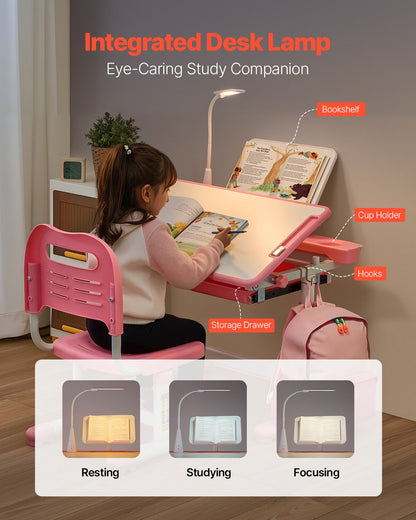 Kids Study Chair and Desk Set, Study Desk and Chair for Kids with Table Lamp, Adjustable Height & 0-40° Tilted Desktop Kids Desk and Chair, Children Study Table for Bedroom & Study Room, Pink