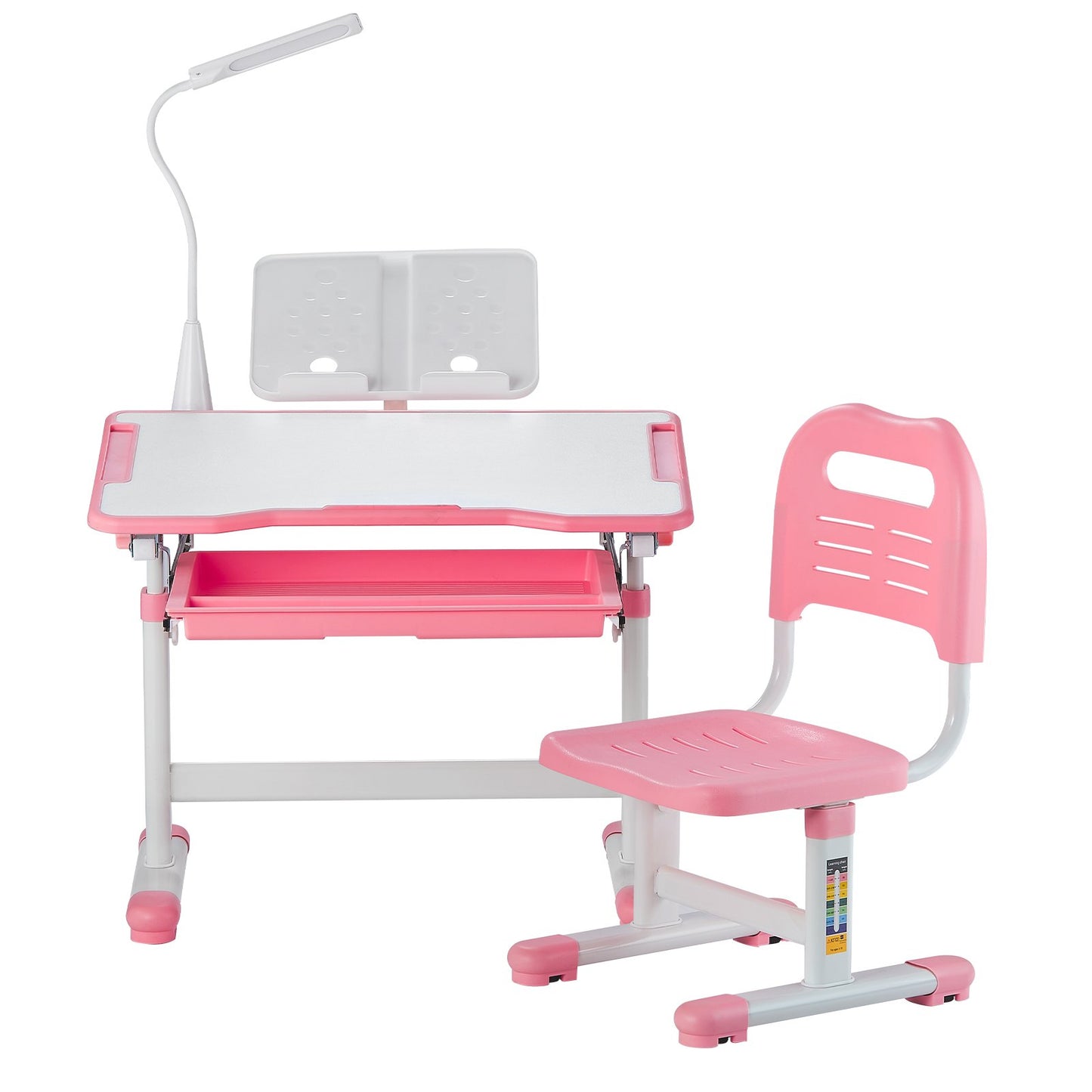 Kids Study Chair and Desk Set, Study Desk and Chair for Kids with Table Lamp, Adjustable Height & 0-40° Tilted Desktop Kids Desk and Chair, Children Study Table for Bedroom & Study Room, Pink